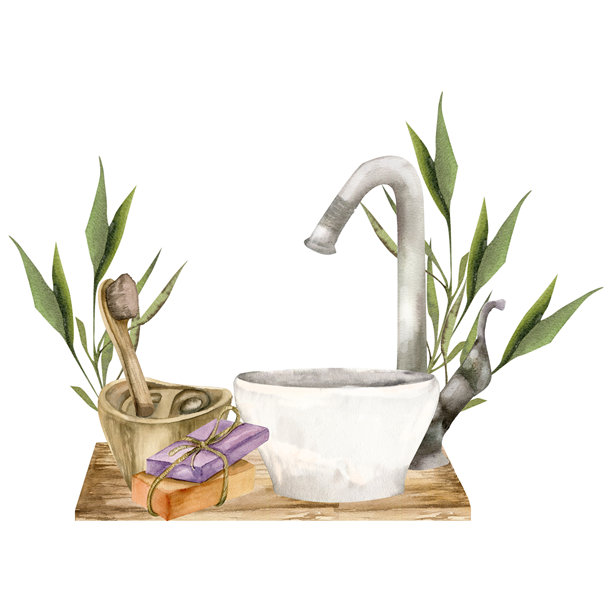环保零废物浴室插图，白色洗手盆和水龙头，木质牙刷，肥皂和竹叶。舒适的家居室内，洗涤和卫生的剪贴画，适用于海报、标签、包装和市场设计。图片下载