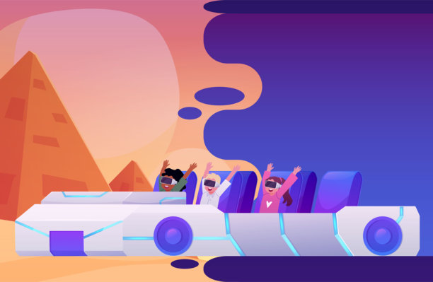 孩子们戴着虚拟现实眼镜坐在车里，玩沙漠金字塔模拟的虚拟现实视频游戏。图片下载