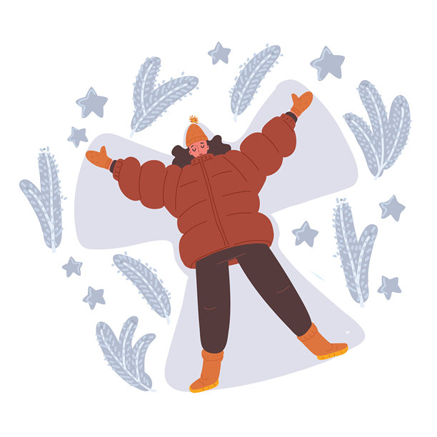 快乐的棕发女士躺在雪地上，用手和腿制作雪天使的矢量插图图片下载