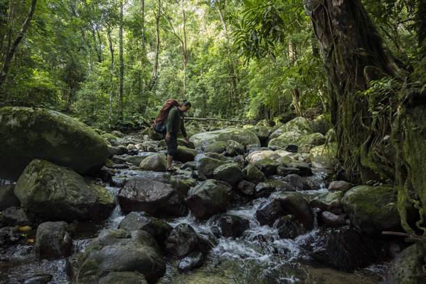 背包男士在河中行走-库存照片图片下载