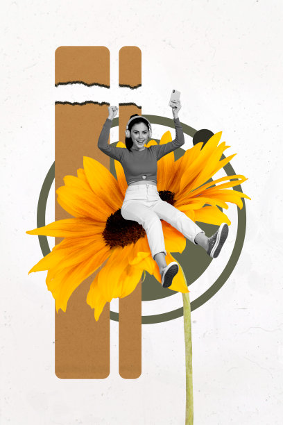 兴奋女孩戴着耳机，坐在盛开的向日葵旁，听着手机播放器的音乐，春季假期的竖版海报照片拼贴。图片下载