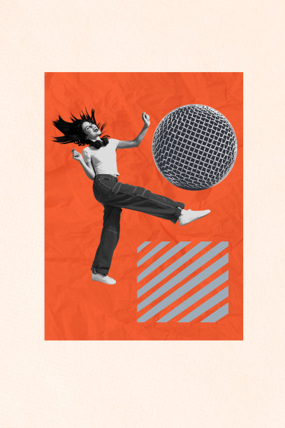 年轻女性在夜晚派对中无忧无虑地戴着耳机听音乐、唱歌的照片拼贴模板艺术作品图片下载