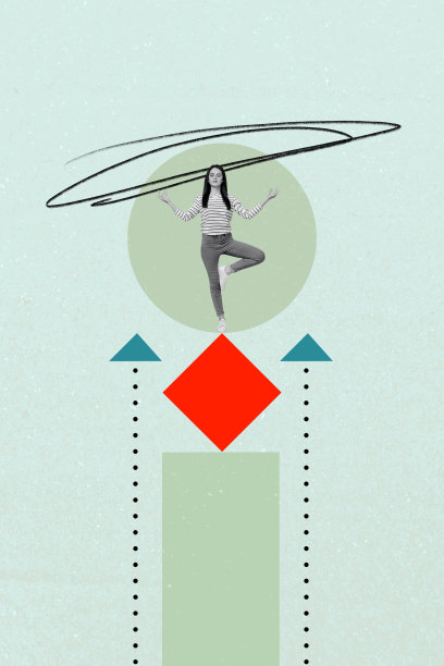 时尚艺术创意竖版照片拼贴，快乐女孩单腿站立练习瑜伽，概念箭头发展指示进步图片下载