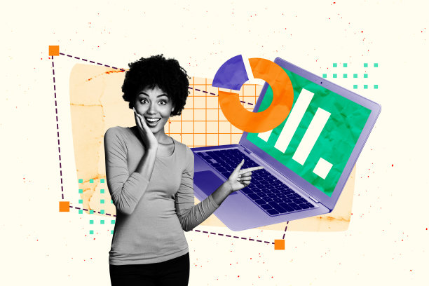 成功图表的复合3D照片拼贴设计草图，年轻女士用手指指向远程在线互联网商务设备。图片下载