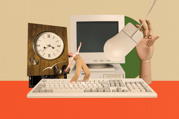 海报素描图像艺术作品，照片拼贴展示了一位年轻女士在过时的电脑显示器、鼠标和键盘旁，快速工作时保持平衡。图片下载