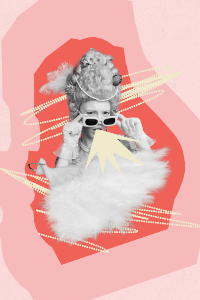 3D照片拼贴模板趋势艺术作品，年轻女性的复古风格贵族肖像，洛可可奢华，手持太阳镜交谈图片下载