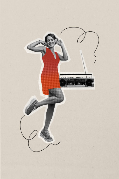 剪影年轻女士佩戴耳机听音乐，跳舞于复古派对的红色裙子，3D照片拼贴艺术作品趋势图片下载