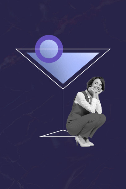 时尚风格的年轻女学生坐在大马提尼酒杯旁，周五的3D照片拼贴艺术作品。图片下载