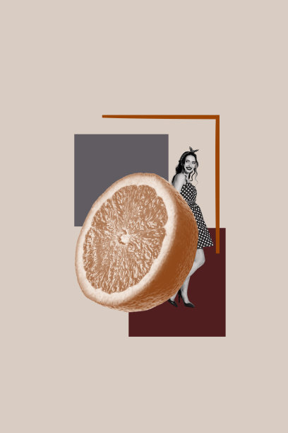 趋势模板草图设计照片拼贴，展示饥饿的餐厅美食厨师，半个柠檬水果，年轻女士穿着复古裙子。图片下载