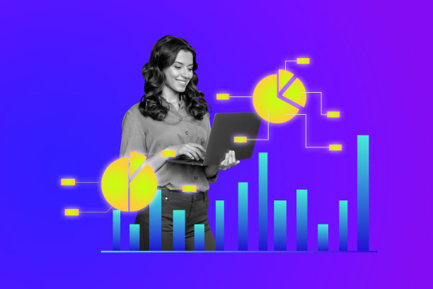 草图模板设计照片拼贴，包含统计图表、贸易成功目标、年轻女性在线工作、计算机和虚拟技术。图片下载