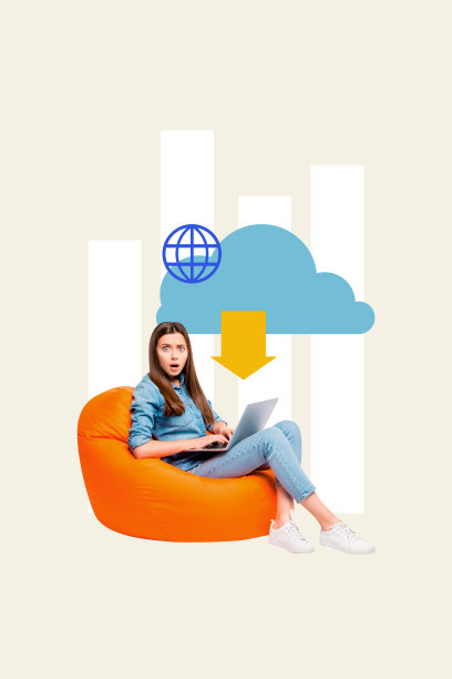 独特的垂直照片拼贴，展示了一位震惊的自由职业女孩坐在豆袋椅上，手套图标、5G网络和中断连接的箭头。图片下载