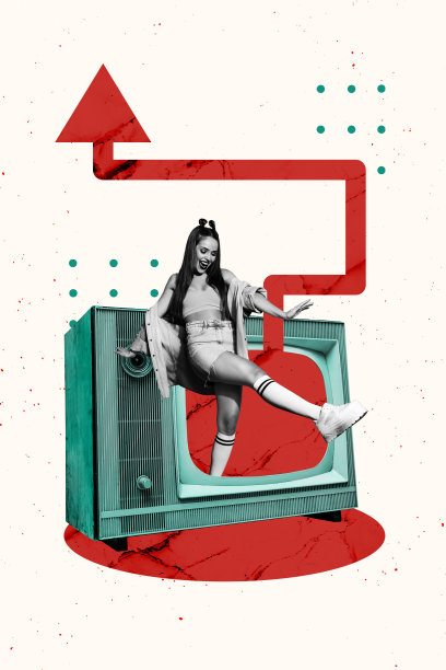 3D照片拼贴趋势草图模板，展示年轻女性在商业成功目标上的风格，走在电视沟通的展示中。图片下载