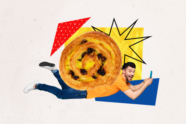 创意照片海报趋势艺术拼贴，快乐的男孩在手机上在线订购面包店的葡萄干甜点面包卷。图片下载