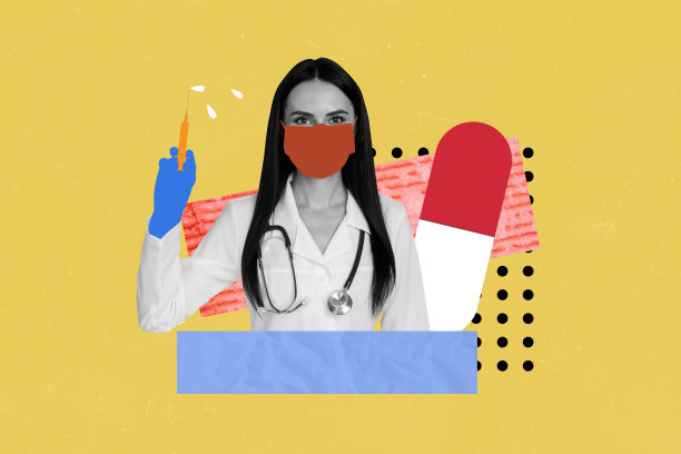 医学医生药理学药丸的复合素描设计艺术作品，3D照片拼贴，年轻女性手持注射器，疫苗接种从业者。图片下载