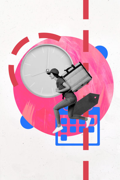快乐女孩邮递员奔跑在截止日期前的独特竖版照片拼贴，背着背包和包裹，旁边有闹钟。图片下载