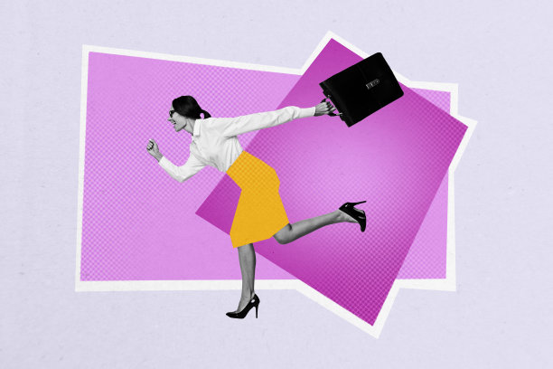 年轻女商人手提行李箱奔向新工作的创意3D照片拼贴艺术模板，急于申请空缺职位。图片下载