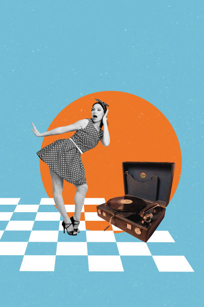 惊讶女孩在复古黑胶唱片播放器前听音乐的竖版海报照片拼贴，适合娱乐场合。图片下载