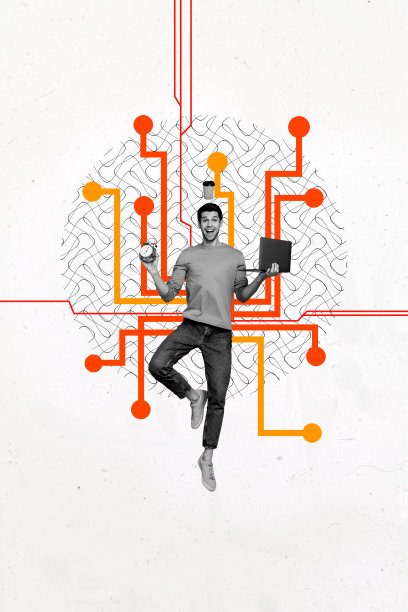 趋势艺术作品创意素描照片拼贴，展示一个在网络空间中多任务处理的男人，手中平衡着笔记本电脑和咖啡杯，正在休息，面临截止日期。图片下载