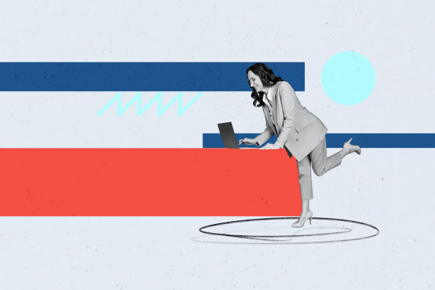 3D照片拼贴模板趋势艺术作品，职业空缺工作空间，企业家，年长女性在远程工作时使用笔记本电脑图片下载