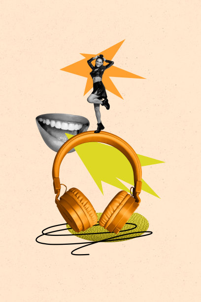 快乐的美国女孩在周末派对庆祝活动中跳舞，佩戴无线耳机，垂直照片拼贴，背景为涂鸦风格。图片下载