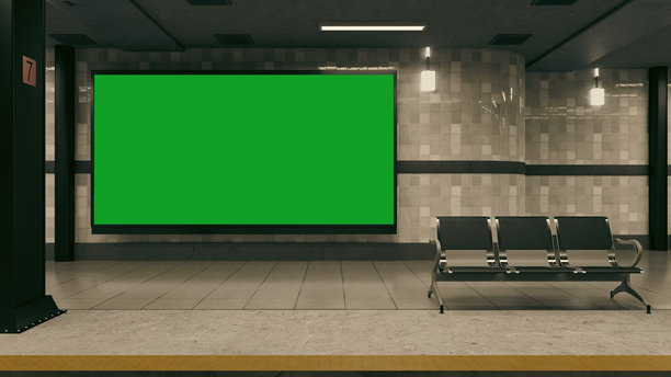 地铁站内的空广告牌，配有绿色屏幕用于广告展示。3D插画师图片下载