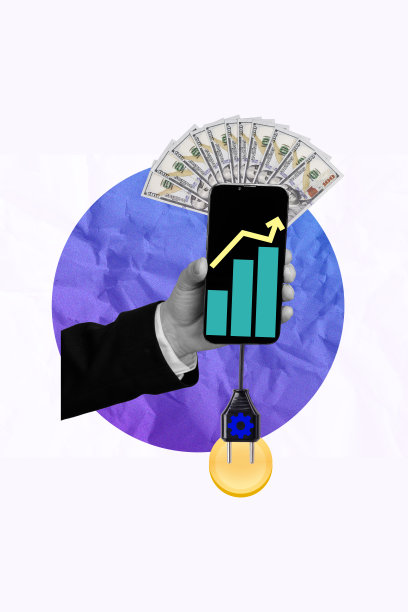 3D照片拼贴，展示商业图形、目标图表、收益、银行货币、现金、金融，手持智能手机充电。图片下载