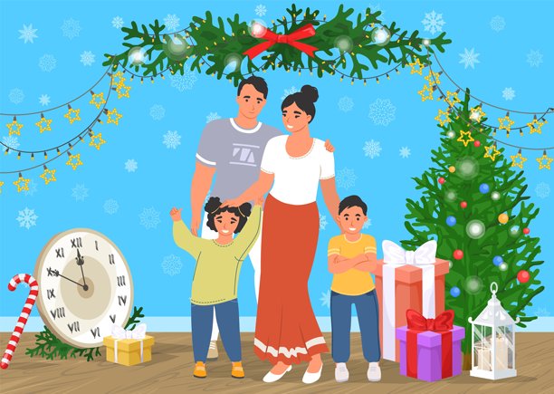 快乐的家庭在装饰好的摄影棚里拍摄新年照片图片下载