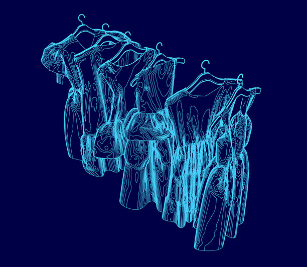 一幅蓝色背景的衣服挂在衣架上的图片。衣服的颜色和风格各异，整齐地挂在衣架上。画面传达出一种有序和整洁的感觉。图片下载