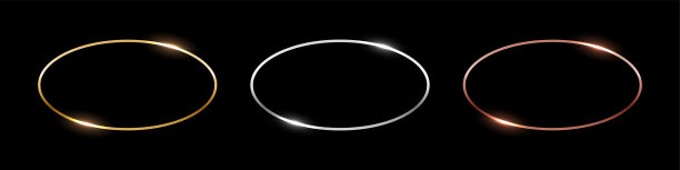 金色、银色和铜色椭圆框架。水平细金属椭圆形照片或画框，孤立在黑色背景上。简单物体模型。3D抽象空白模板矢量插图集。图片下载