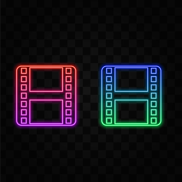 电影图标。可编辑矢量轮廓。霓虹风格。平面符号，电影胶卷或照片条，独立于白色背景。单一图标。图片下载