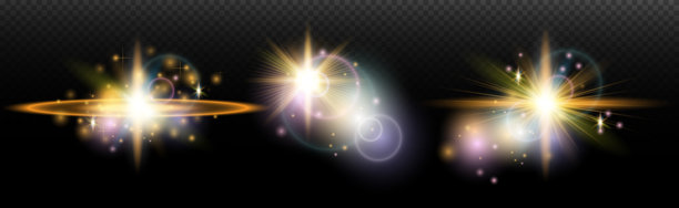 一组带有眩光和光辉的手电筒效果，背景透明。魔幻、彩虹光辉、闪耀的光线、星星、光学光晕，适用于设计、照片合成、新年和节日项目。图片下载