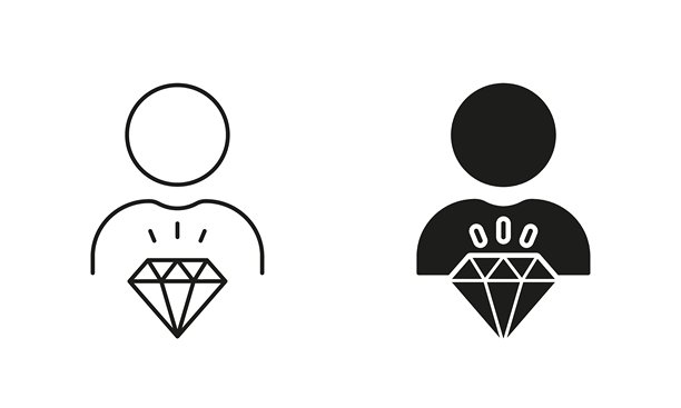 带有钻石的男人，企业意识形态线条和轮廓图标集。人是核心价值观，工作中的商业原则。员工价值图标。可编辑的线条。孤立的矢量插图。图片下载