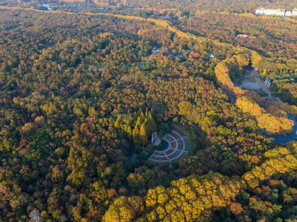 南京紫金山中山陵音乐亭的秋季景色航拍照片图片下载