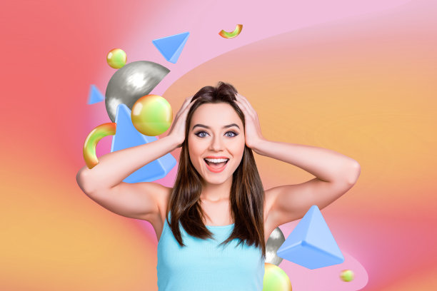 创意图片拼贴，年轻兴奋的女性，快乐的微笑，情感反应，触摸头部，几何图形绘画背景图片下载