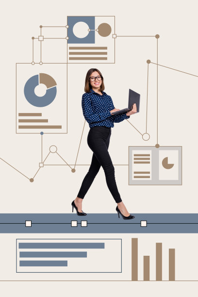 黑白办公室经理人力资源女士手牵手走在统计图表旁的3D照片拼贴艺术作品图片下载