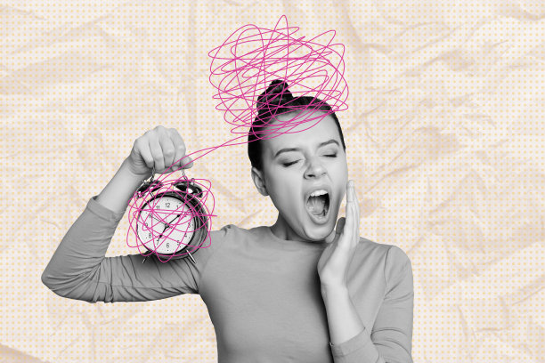 3D照片拼贴艺术作品，展示了一位迷人的睡眼惺忪的女士打哈欠，背景是巨大的时钟铃声，表现出她在迟到的早晨错过工作的情景。图片下载