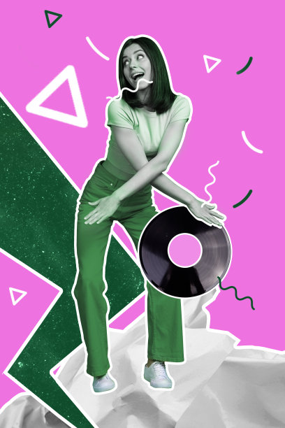 复合趋势艺术作品草图，3D照片拼贴，剪影年轻迷人女士手持黑胶唱片，模拟音乐。图片下载