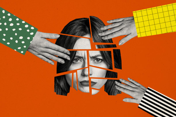 照片拼贴，女性面孔碎片马赛克，分离的部分，手触碰，身体骚扰，侵犯权利，暴力，红色背景图片下载