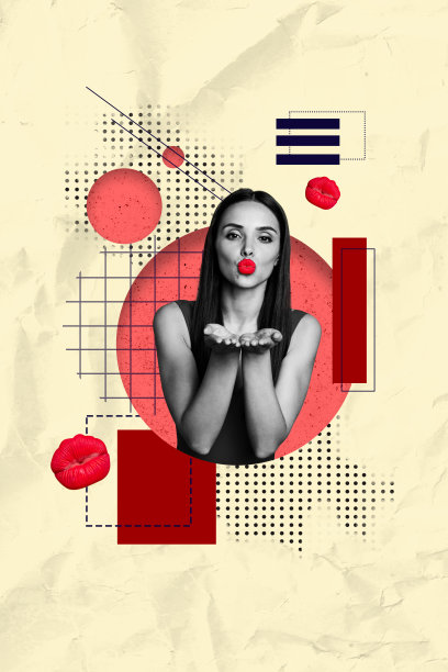 可爱的女孩在创意绘画背景下送出甜蜜的吻的拼贴海报图片图片下载