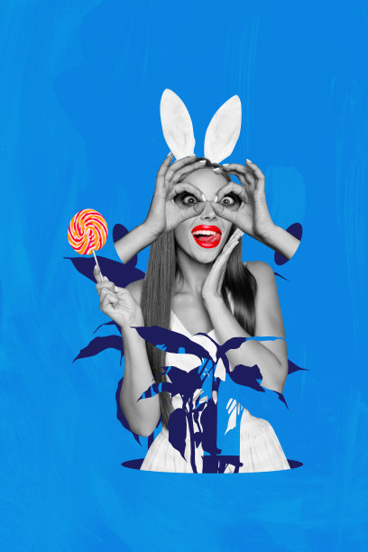 3D照片拼贴合成趋势艺术作品草图，吸引人的时尚女士穿着兔耳服装，双手做鬼脸。图片下载