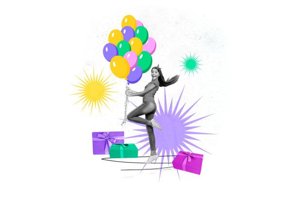 快乐女孩手持一束气球，生日派对礼物和蝴蝶结，青少年活动，背景为涂鸦风格的合成照片拼贴。图片下载