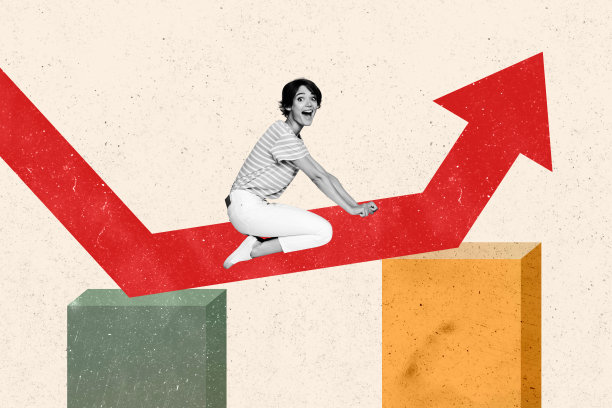 创意照片拼贴，年轻女孩与动态图表，进步箭头上升，达到目标，绘图背景图片下载