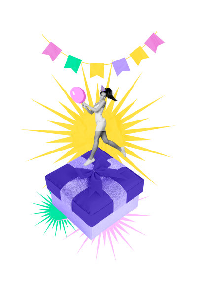 垂直创意照片拼贴，年轻快乐充满活力的女孩，积极的心情，生日庆祝装饰，节日活动，礼品盒礼物图片下载