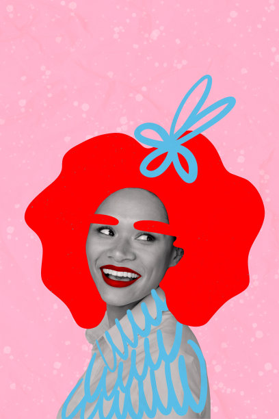 垂直照片拼贴，年轻微笑的美丽女孩，红色发型，五彩霓虹口红，随意的造型，美容院护发。图片下载