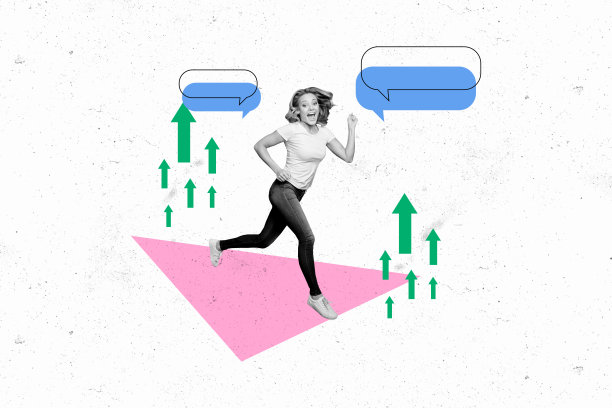 年轻快乐女孩在涂鸦背景上奔跑，合成照片拼贴，图表分析师策略增长线图片下载