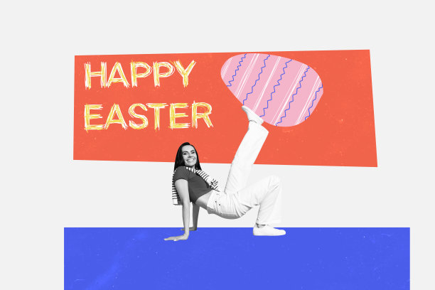 创意照片拼贴，快乐微笑的女孩手持巨大的彩绘复活节彩蛋，写着“复活节快乐”的字样，氛围愉悦，背景为彩绘。图片下载