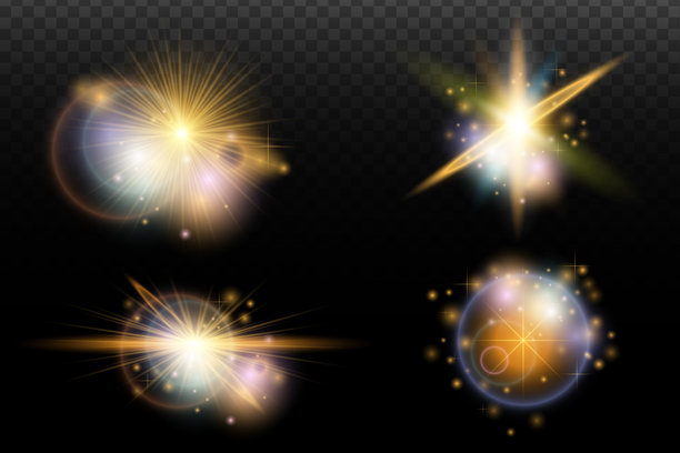 一组带有眩光和光晕的手电筒效果，背景透明。魔幻的彩虹光辉、闪耀的光线、星星、光学光晕，适用于设计、照片合成、新年和节日项目。图片下载
