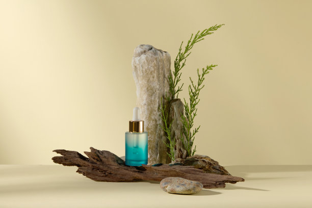 一个没有标签的血清瓶陈列在一个原木上，用石头和绿色植物装饰，在浅黄色的背景下。正面照片，留白广告图片下载