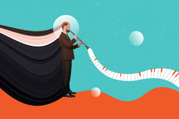 年轻音乐家绅士穿着西装，演奏长笛和钢琴，飞翔在空中的3D照片拼贴艺术作品图片下载