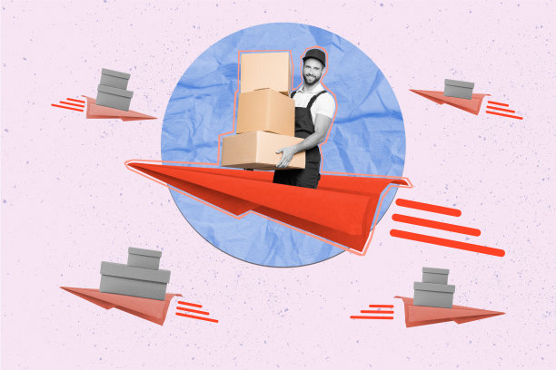 年轻快递员手持包裹箱的拼贴照片，背景为涂鸦风格，纸飞机快速飞行。图片下载